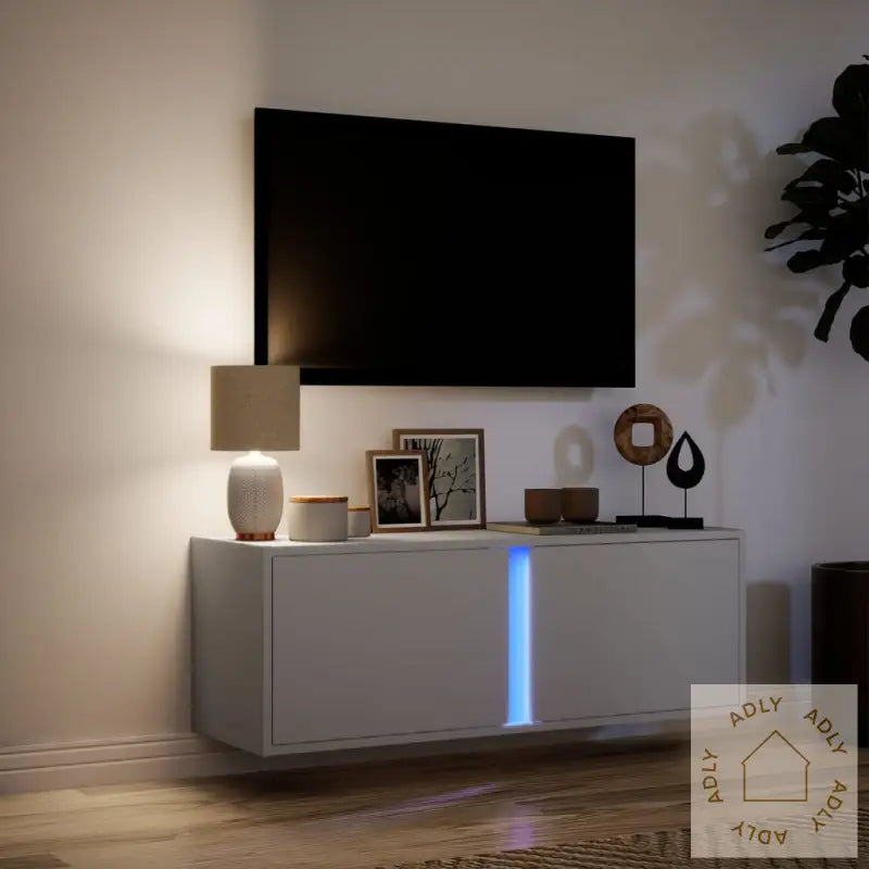 Vegghengt Tv-Benk Med Led Hvit 100X31X35 Cm