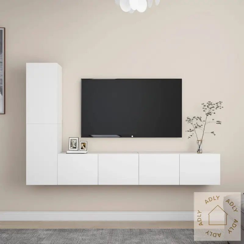 Tv-Benksett 4 Deler Hvit Konstruert Tre