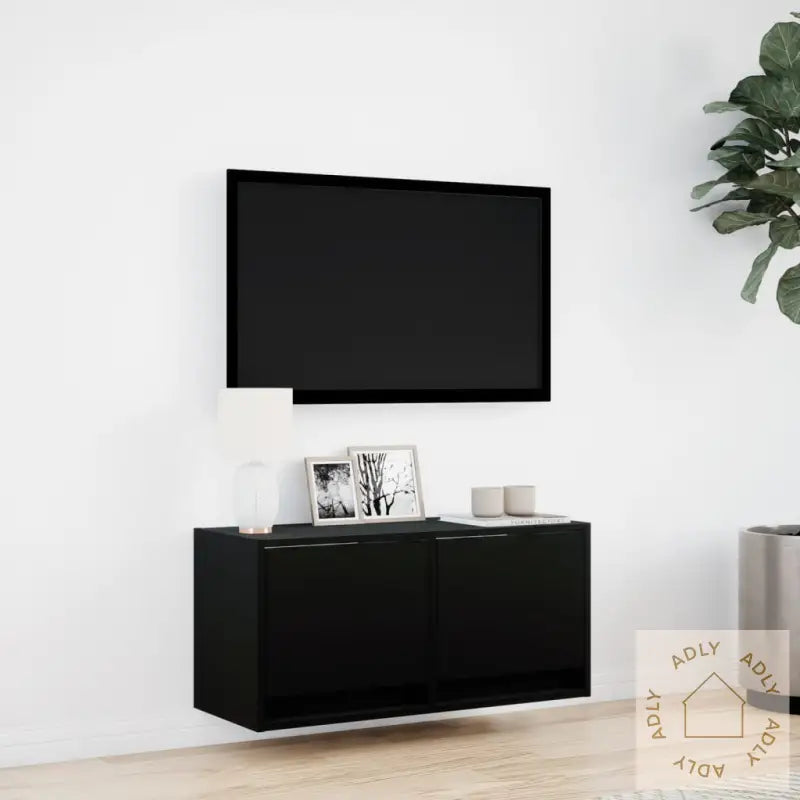 Vegghengt Tv-Benk Med Led Svart 80X31X35 Cm