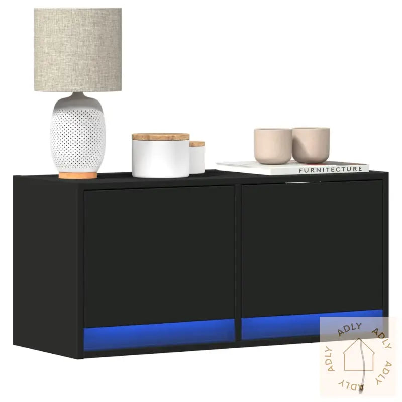 Vegghengt Tv-Benk Med Led Svart 80X31X35 Cm