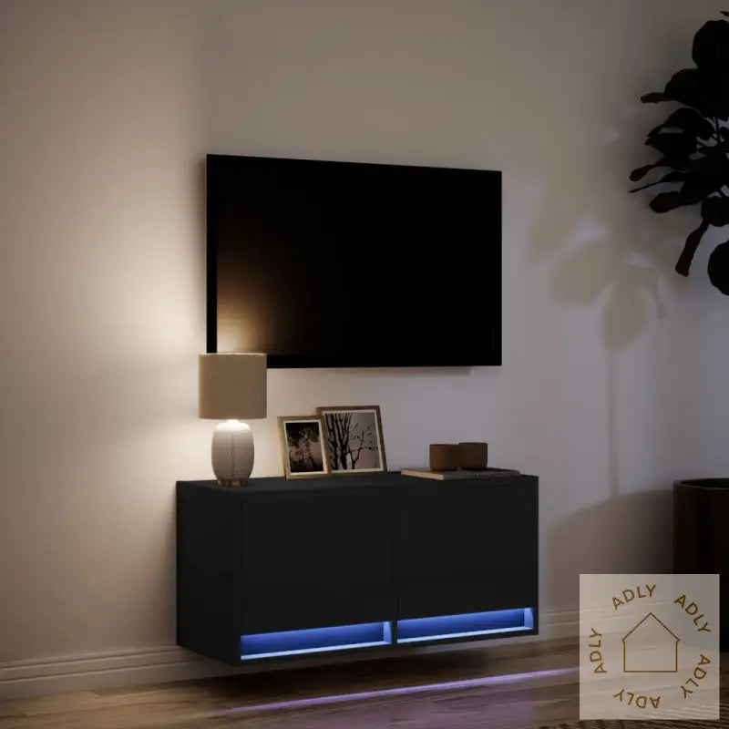 Vegghengt Tv-Benk Med Led Svart 80X31X35 Cm