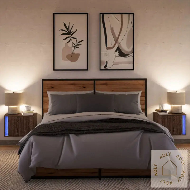 Vegghengte Nattbord Med Led-Lys 2 Stk Brun Eik