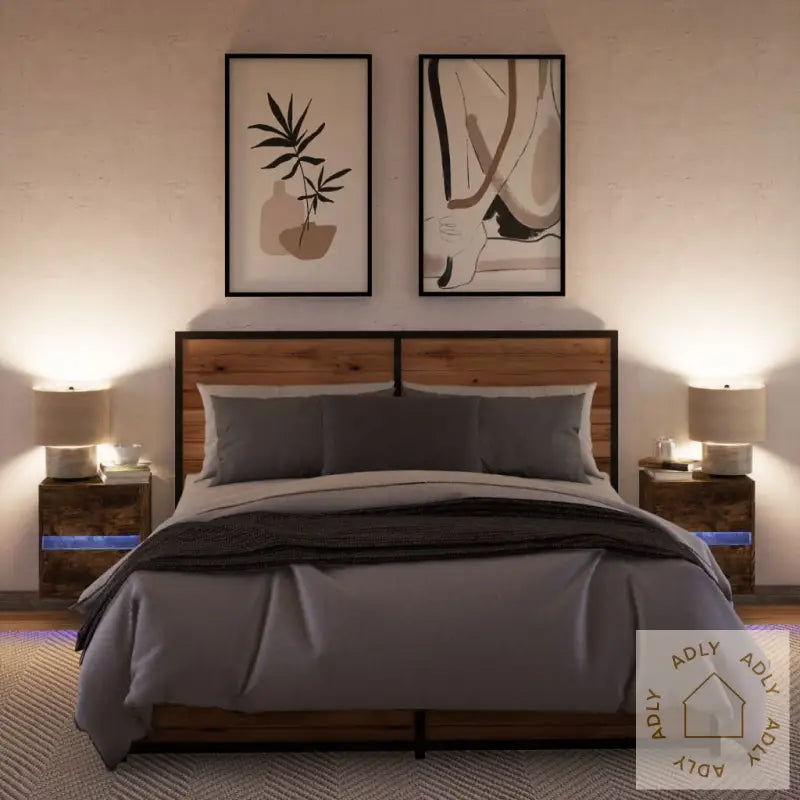 Vegghengte Nattbord Med Led-Lys 2 Stk Røkt Eik