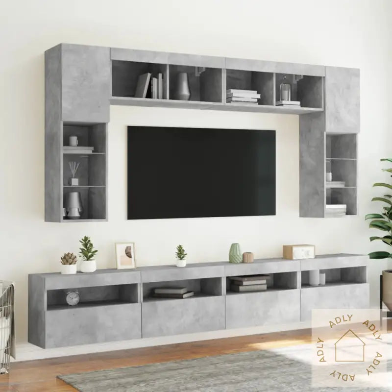 Vegghengte Tv-Benker Med Led 8 Stk Betonggrå