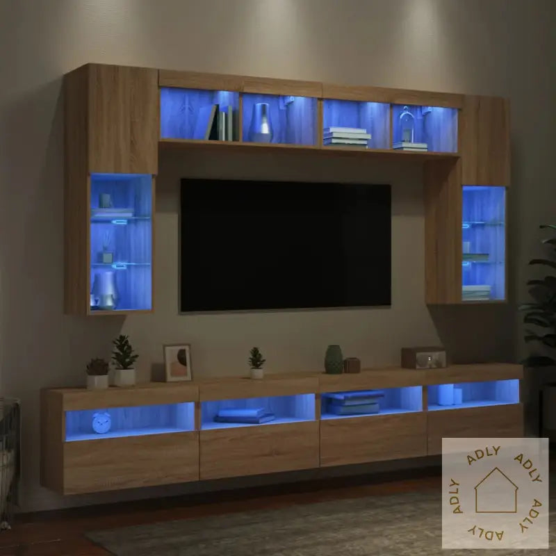 Vegghengte Tv-Benker Med Led 8 Stk Sonoma Eik