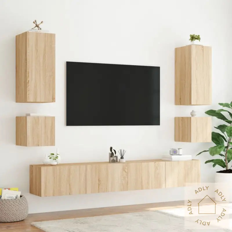 Vegghengte Tv-Benker Med Led 6 Stk Sonoma Eik