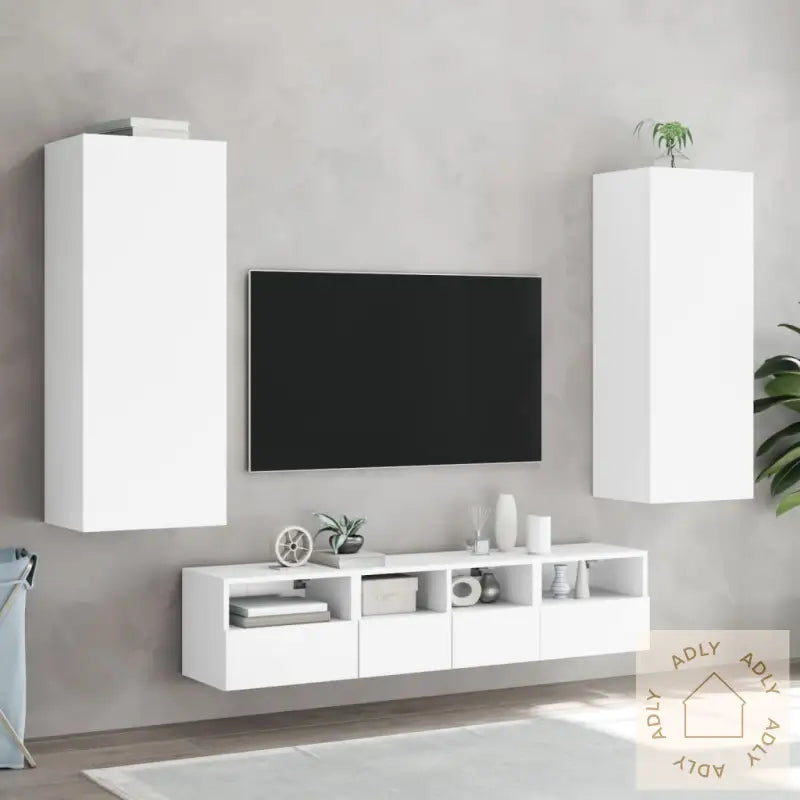 Vegghengte Tv-Enheter 5 Deler Hvit Konstruert Tre