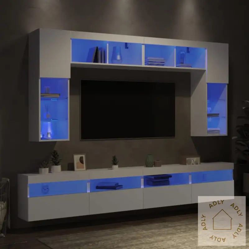 Vegghengte Tv-Benker Med Led 8 Stk Hvit