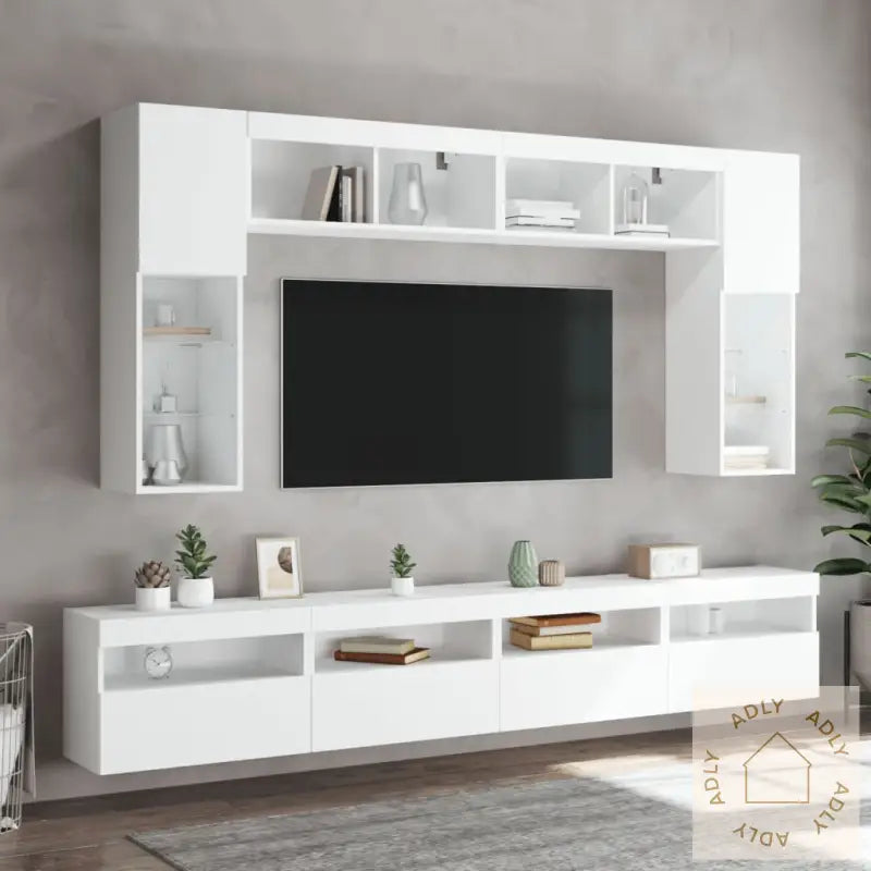 Vegghengte Tv-Benker Med Led 8 Stk Hvit