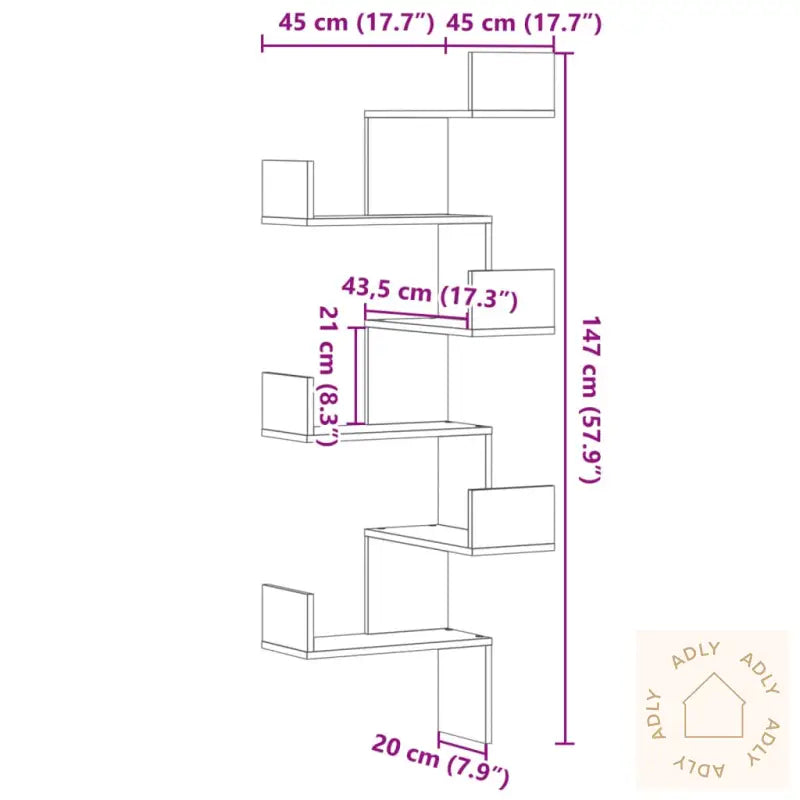 Veggmontert Hjørnehylle Brun Eik 45X45X147 Cm Konstruert Tre