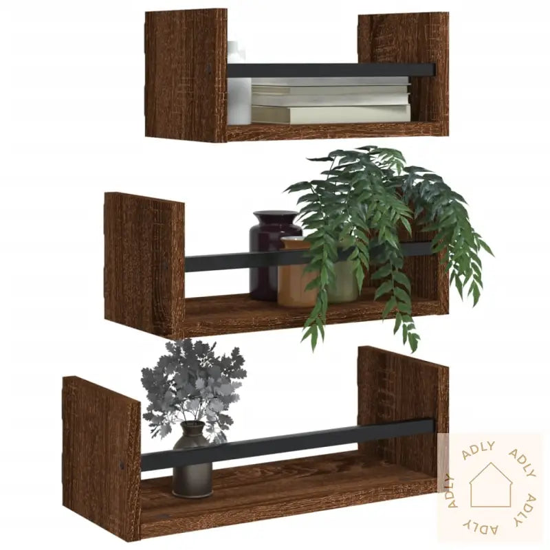 Vegghyllesett Med Stenger 3 Stk Brun Eik Konstruert Tre