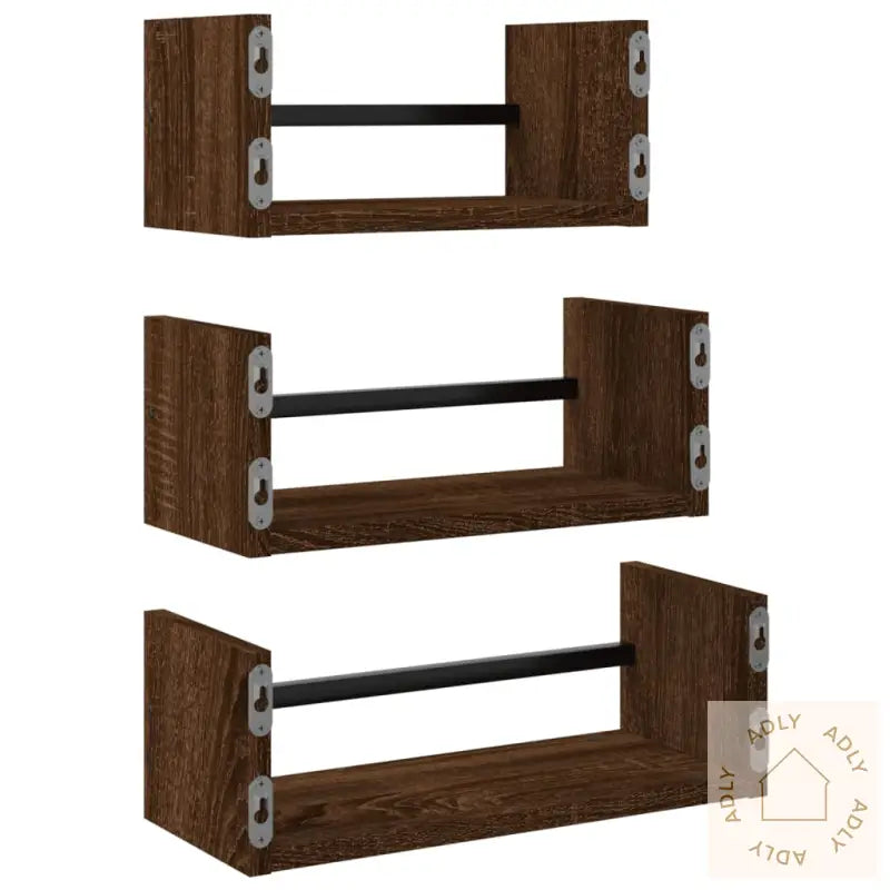 Vegghyllesett Med Stenger 3 Stk Brun Eik Konstruert Tre