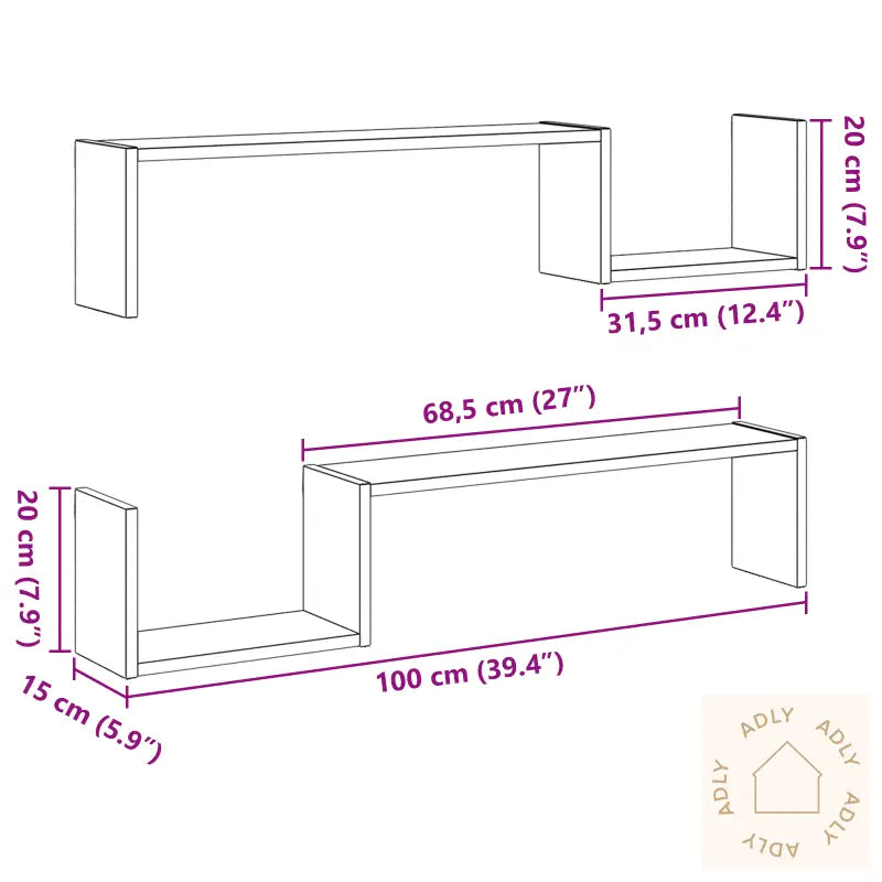 Veggmontert Hylle 2 Stk Svart Eik 100X15X70 Cm Konstruert Tre