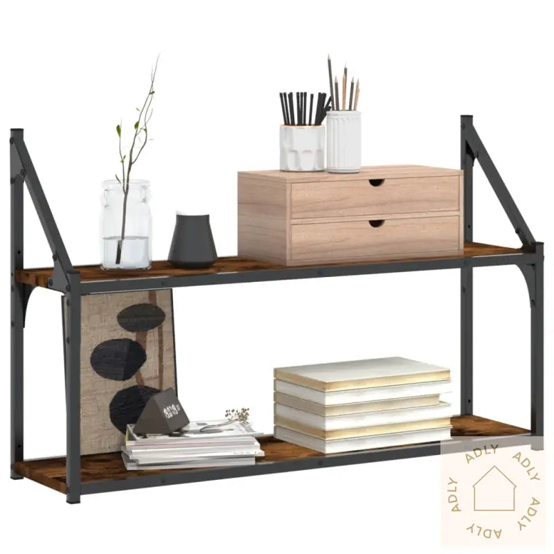 Vegghylle 2 Etasjer Røkt Eik 80X21X51 Cm Konstruert Tre
