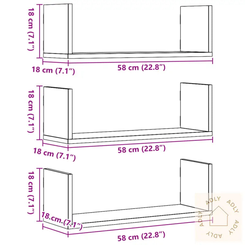 Vegghyller 3 Stk Brun Eik 58X18X18 Cm Konstruert Tre