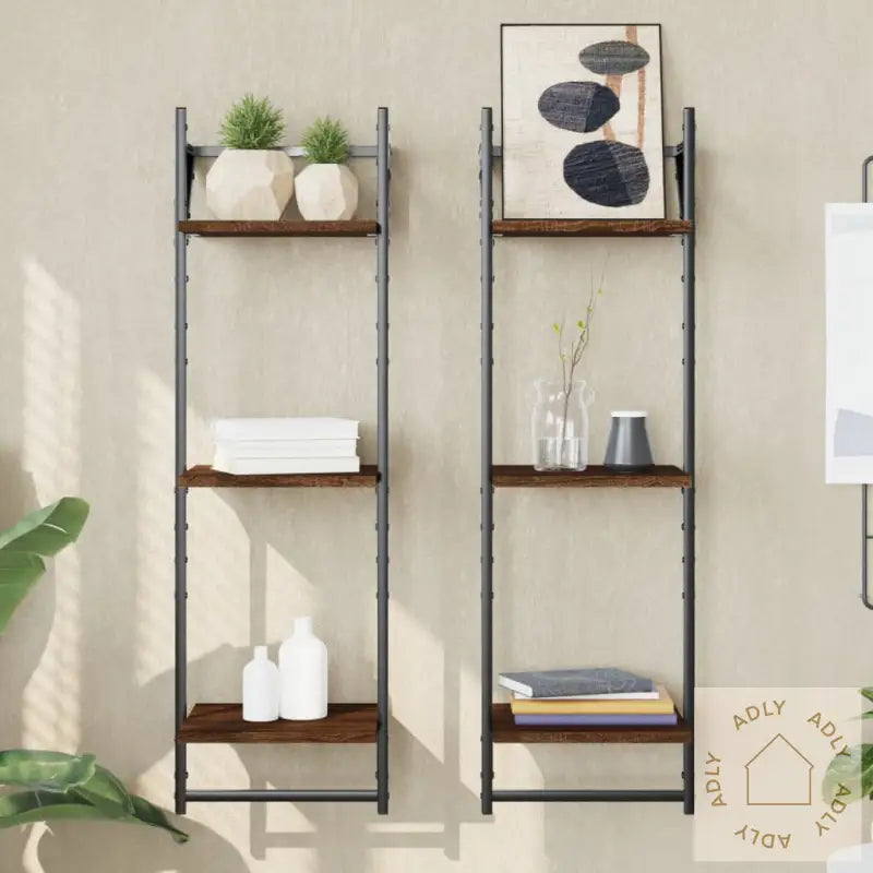 Vegghyller Med 3 Hyller Stenger 2 Stk Brun Eik 30X25X100 Cm