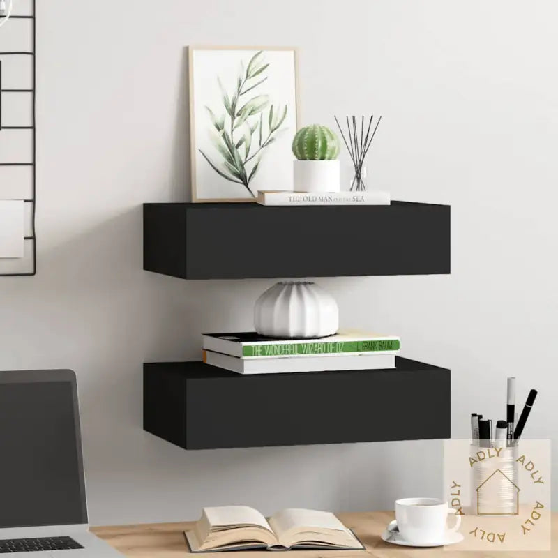 Veggmonterte Skuffehyller 2 Stk Svart 40X23,5X10 Cm Mdf