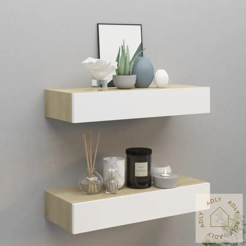 Veggmonterte Skuffehyller 2 Stk Eik Og Hvit 60X23,5X10 Cm Mdf
