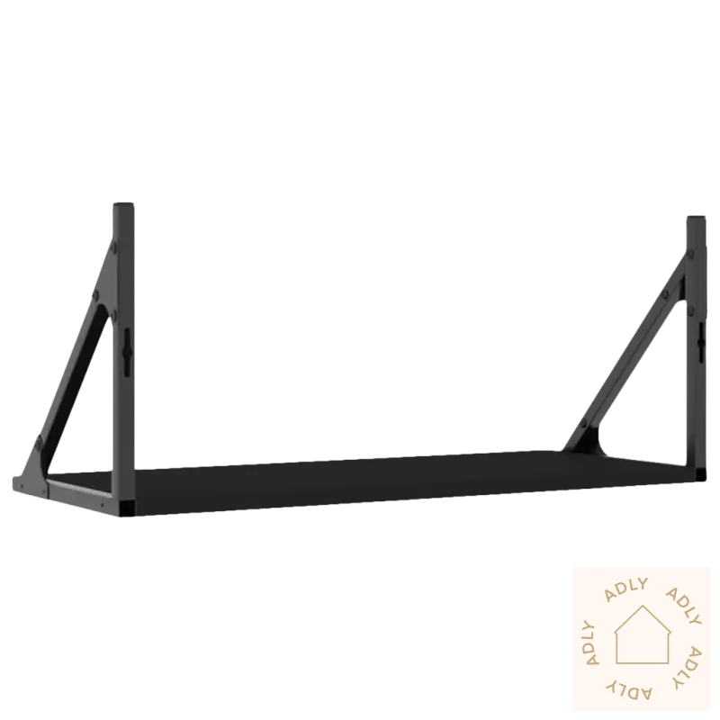 Black metallgarageoppbevaringshylle som er en del av Stilige møbler med vegghyller i solid treverk