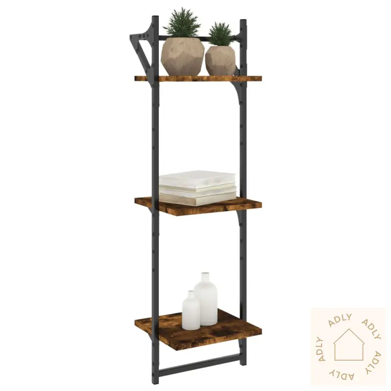 Vegghyller Med 3 Hyller Stenger 2 Stk Røkt Eik 30X25X100 Cm