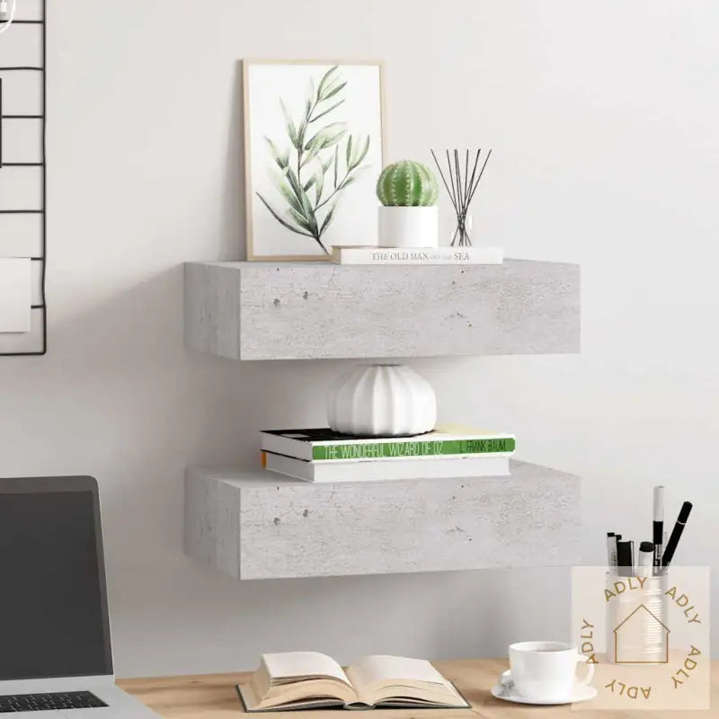 Veggmonterte Skuffehyller 2 Stk Betonggrå 40X23,5X10 Cm Mdf