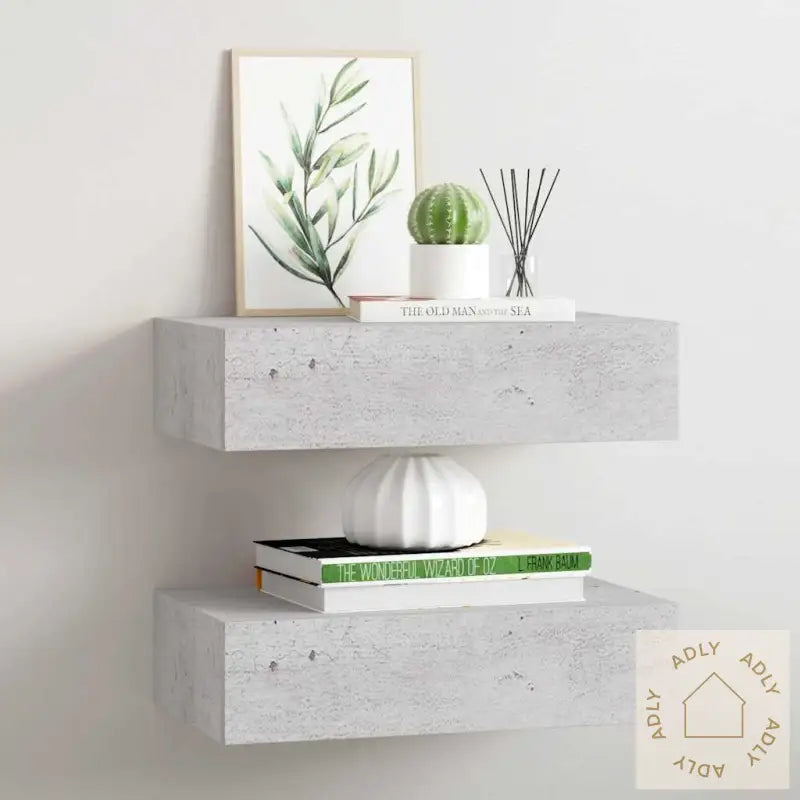 Veggmonterte Skuffehyller 2 Stk Betonggrå 40X23,5X10 Cm Mdf