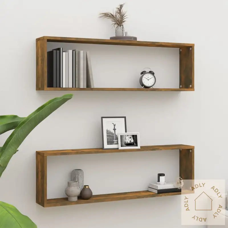 Vegghyller Kube 2 Stk Røkt Eik 100X15X30 Cm Konstruert Tre