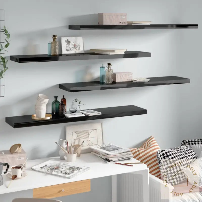Flytende Vegghyller 4 Stk Høyglans Svart 120X23,5X3,8 Cm Mdf