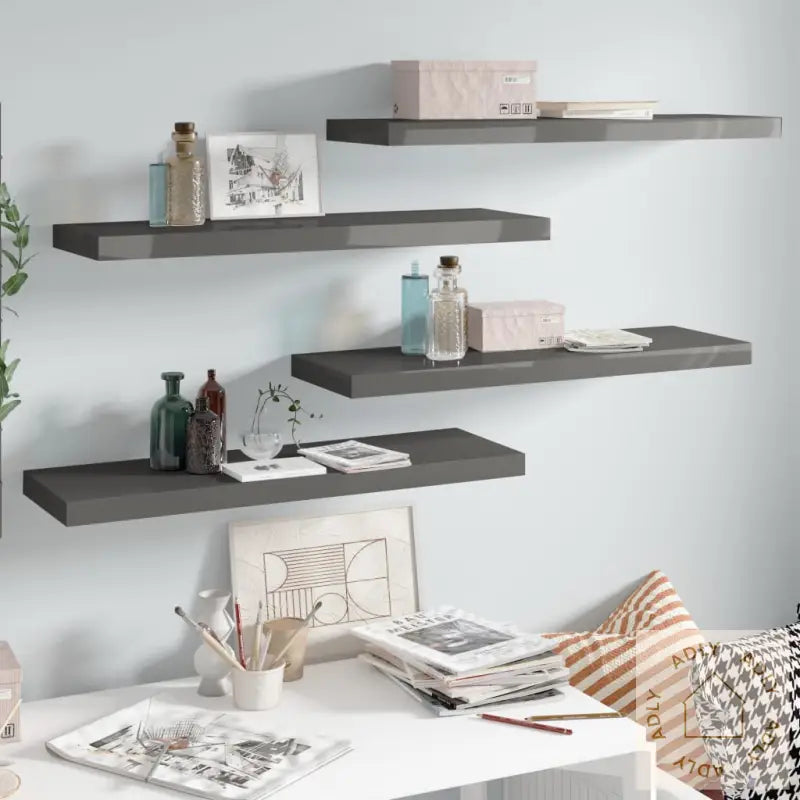 Flytende Vegghyller 4 Stk Høyglans Grå 80X23,5X3,8 Cm Mdf