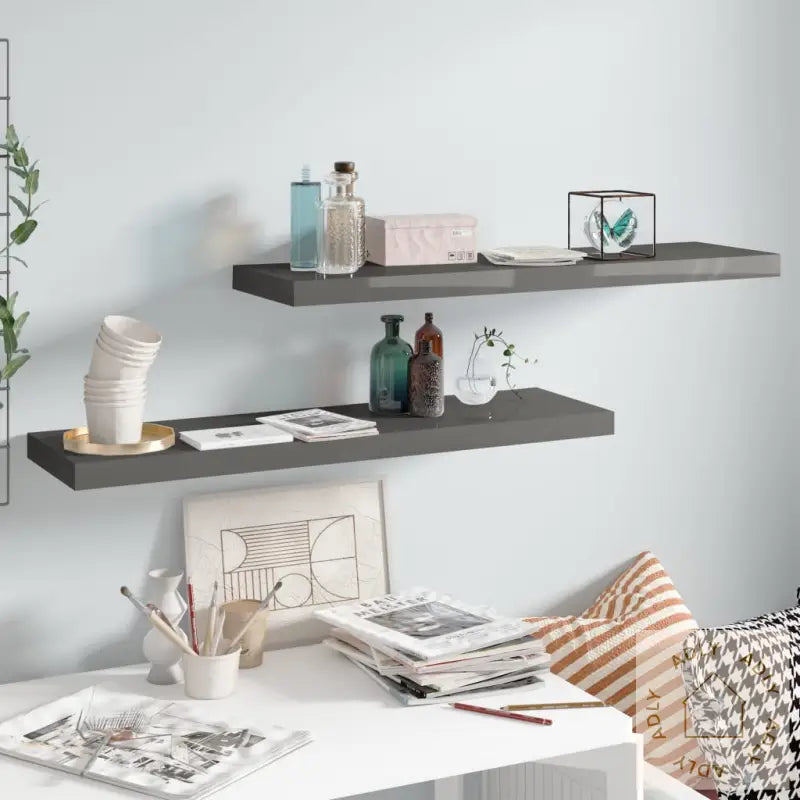 Flytende Vegghyller 2 Stk Høyglans Grå 90X23,5X3,8 Cm Mdf