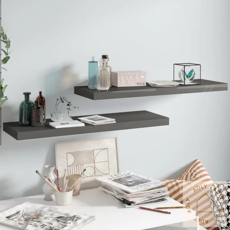 Flytende Vegghyller 2 Stk Høyglans Grå 80X23,5X3,8 Cm Mdf