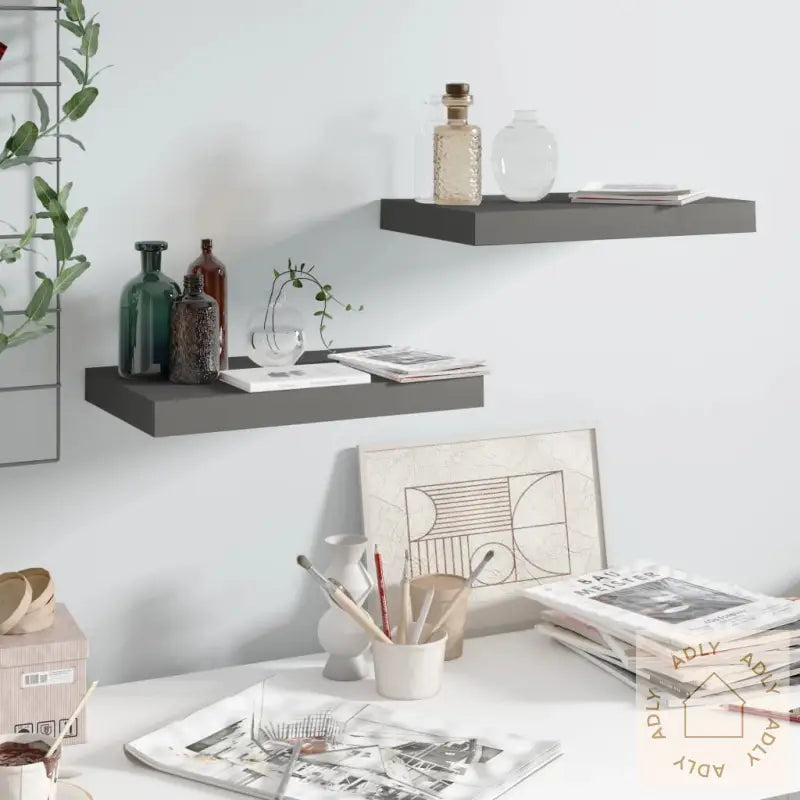 Flytende Vegghyller 2 Stk Høyglans Grå 40X23X3,8 Cm Mdf