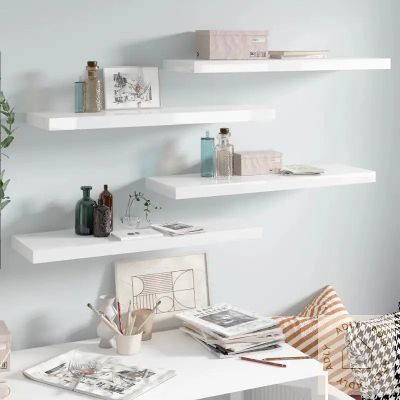 Flytende Vegghyller 4 Stk Høyglans Hvit 80X23,5X3,8 Cm Mdf