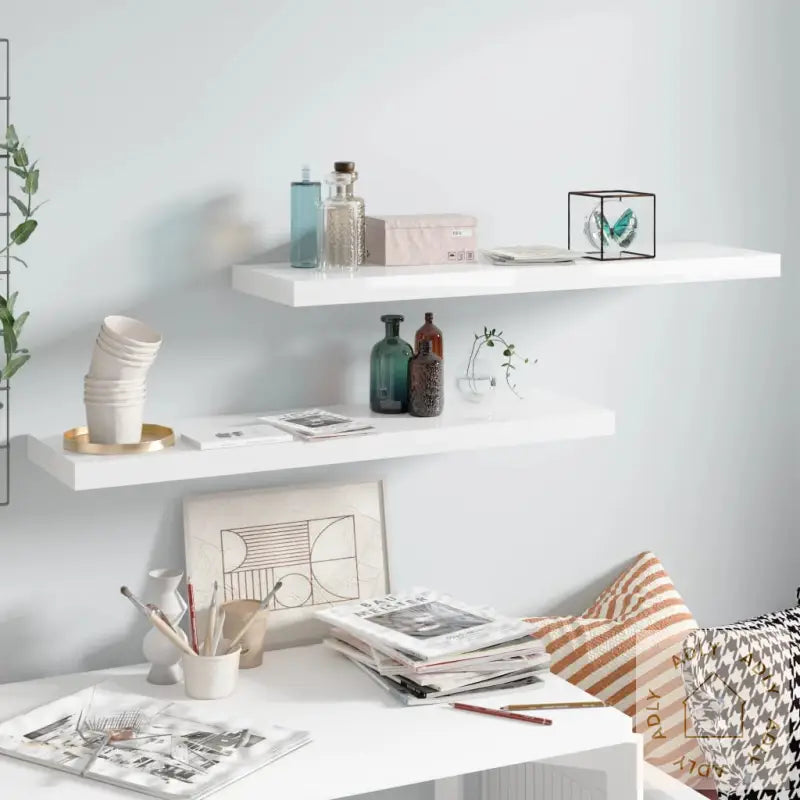 Flytende Vegghyller 2 Stk Høyglans Hvit 90X23,5X3,8 Cm Mdf