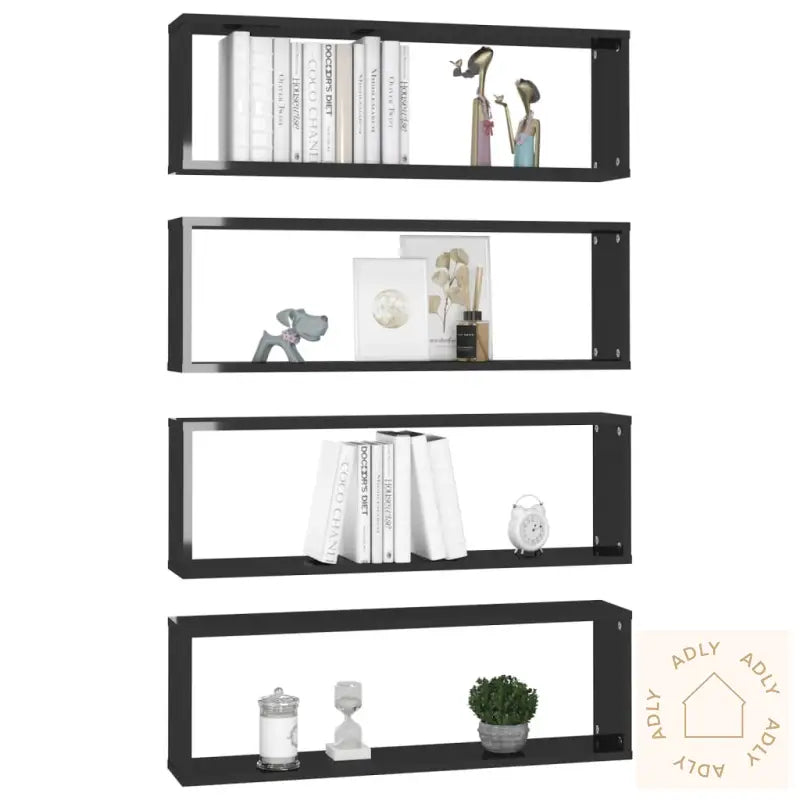 Vegghyller Kube 4Stk Høyglans Svart 80X15X26,5Cm Konstruert Tre