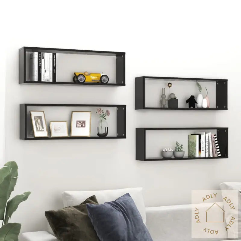 Vegghyller Kube 4Stk Høyglans Svart 80X15X26,5Cm Konstruert Tre