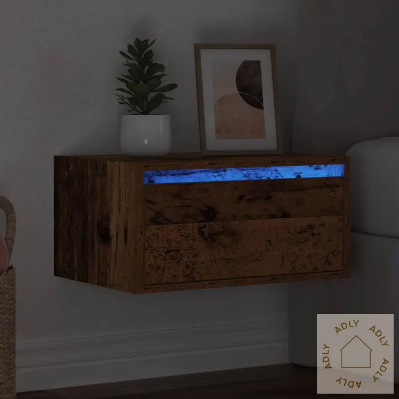 Vegghengt Nattbord Med Led-Lys Gammelt Tre