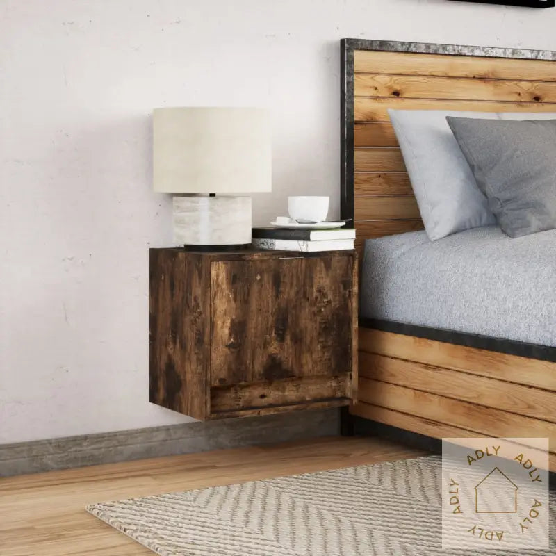 Vegghengt Nattbord Med Led-Lys Røkt Eik