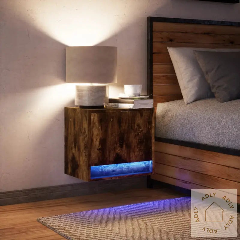 Vegghengt Nattbord Med Led-Lys Røkt Eik