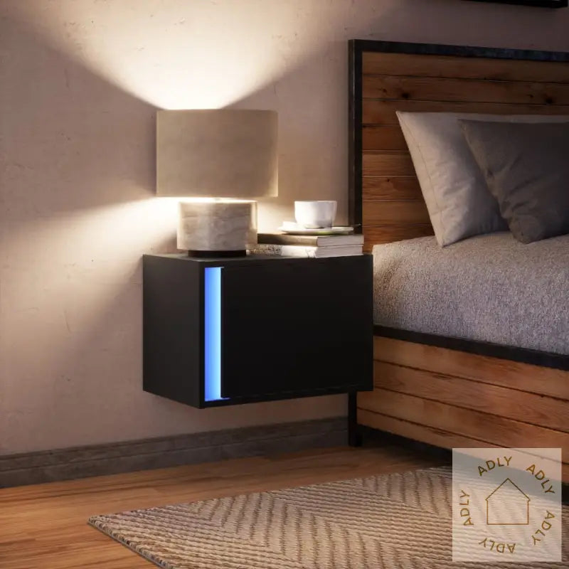 Vegghengt Nattbord Med Led-Lys Svart