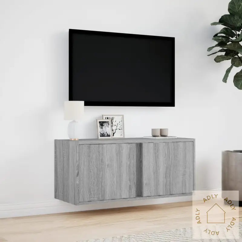 Vegghengt Tv-Benk Med Led Grå Sonoma 80X31X35 Cm