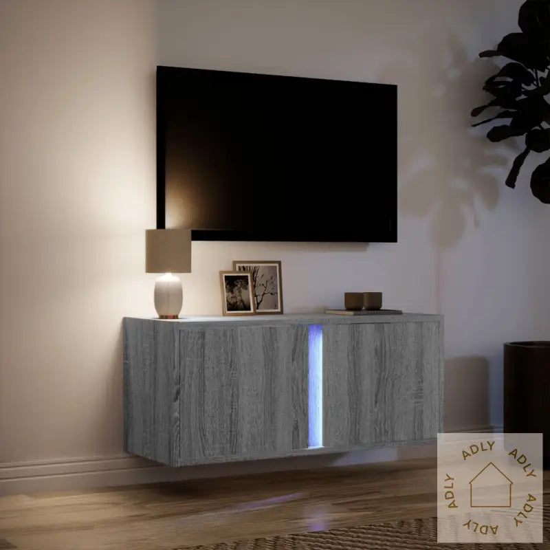 Vegghengt Tv-Benk Med Led Grå Sonoma 80X31X35 Cm