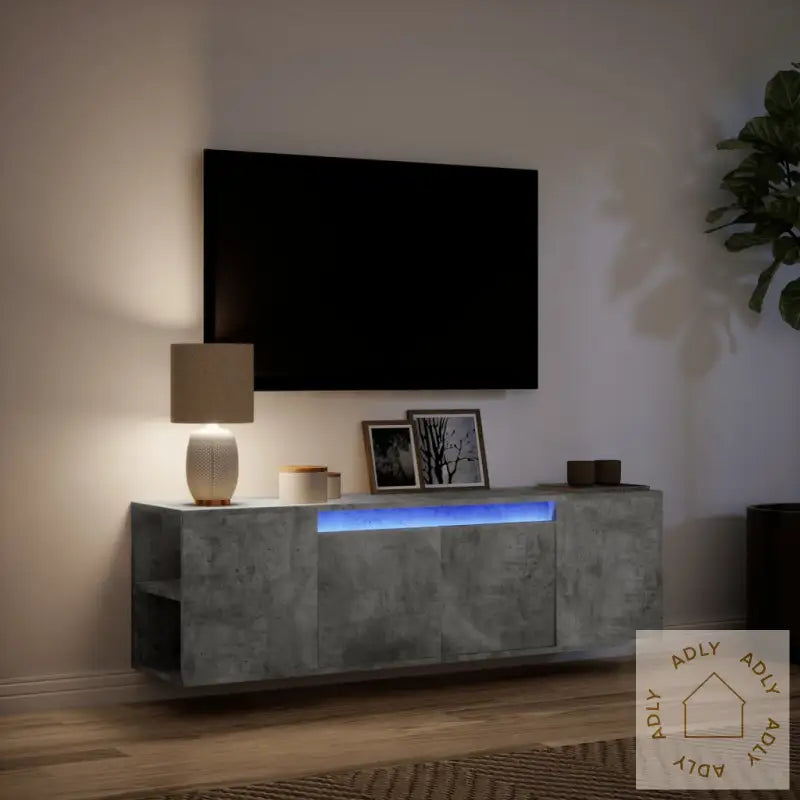 Vegghengt Tv-Benk Med Led-Lys Betonggrå 135X31X39,5 Cm
