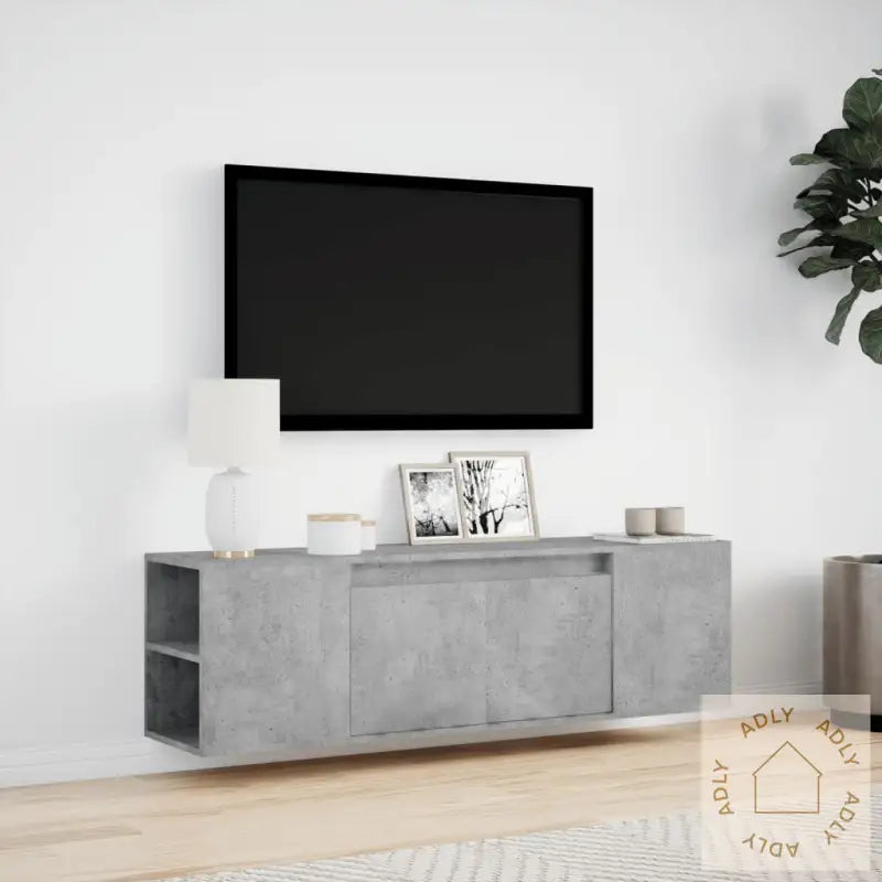 Vegghengt Tv-Benk Med Led-Lys Betonggrå 135X31X39,5 Cm