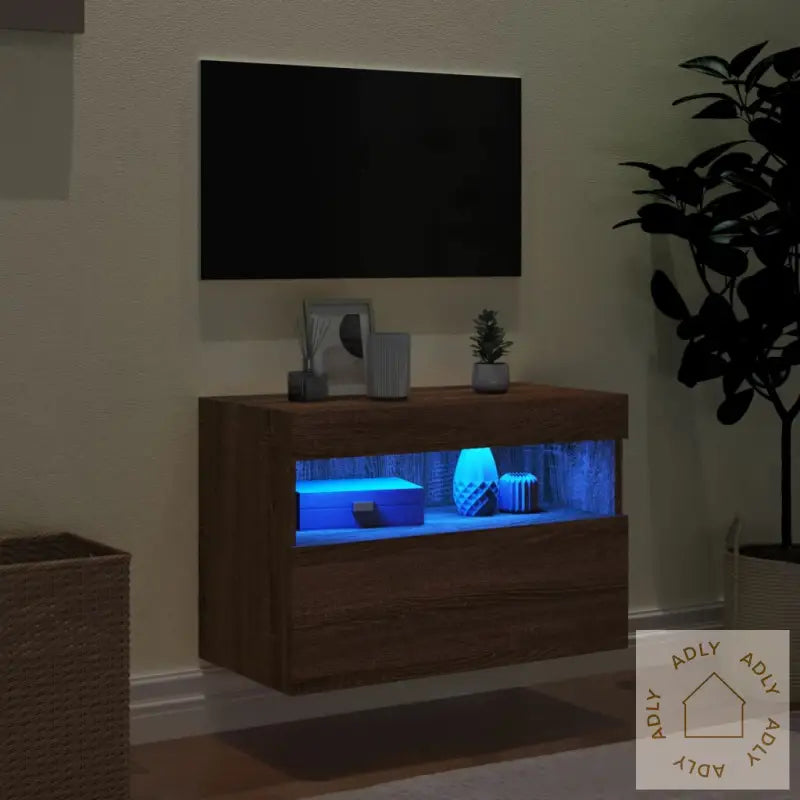 Vegghengt Tv-Benk Med Led Brun Eik 60X30X40 Cm