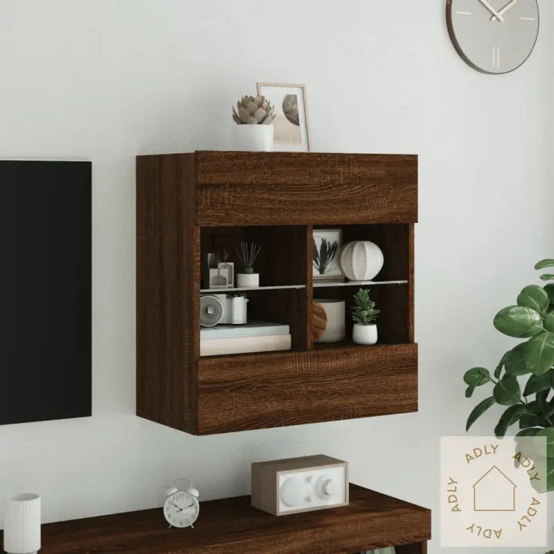 Vegghengt Tv-Benk Med Led-Lys Brun Eik 58,5X30X60,5 Cm