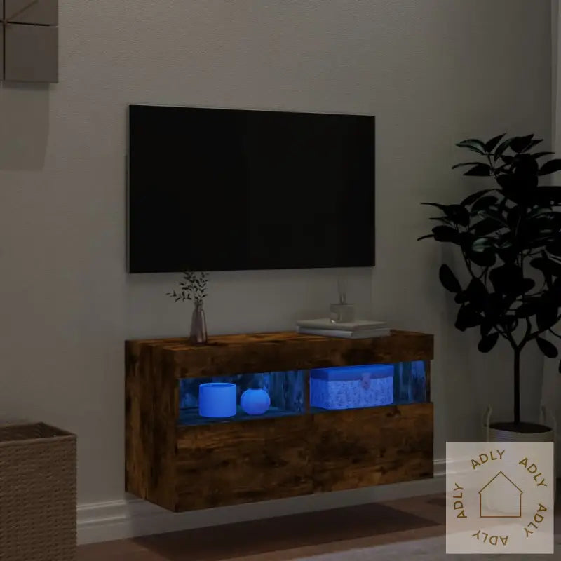 Vegghengt Tv-Benk Med Led Røkt Eik 80X30X40 Cm