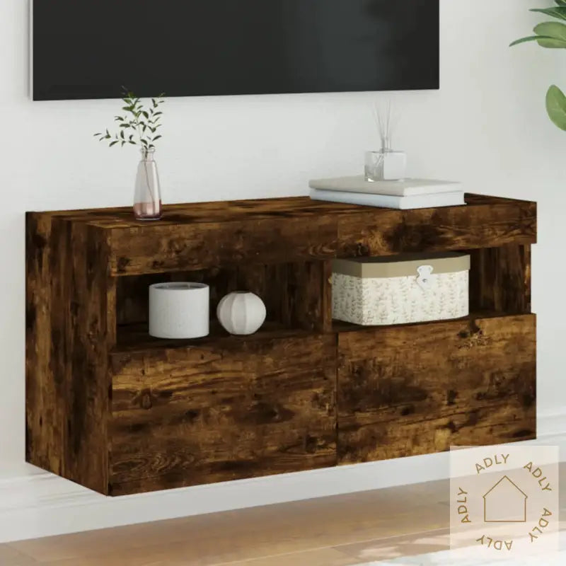 Vegghengt Tv-Benk Med Led Røkt Eik 80X30X40 Cm
