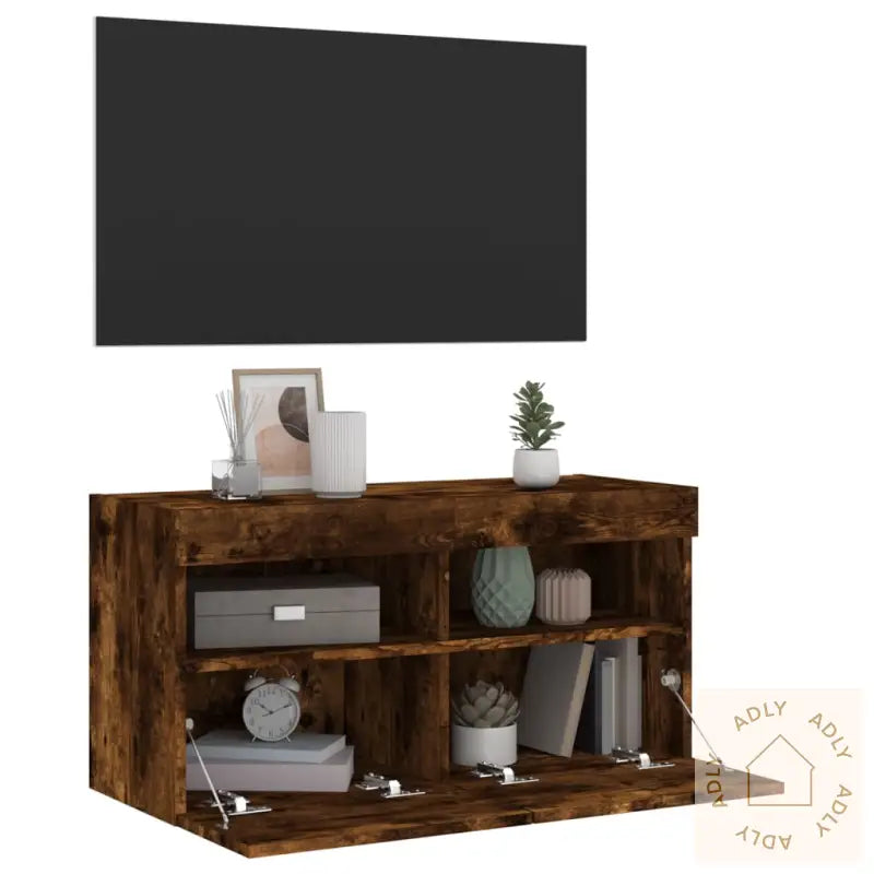 Vegghengt Tv-Benk Med Led Røkt Eik 80X30X40 Cm