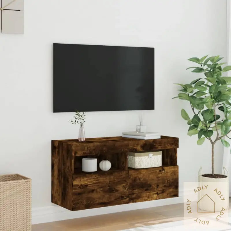 Vegghengt Tv-Benk Med Led Røkt Eik 80X30X40 Cm